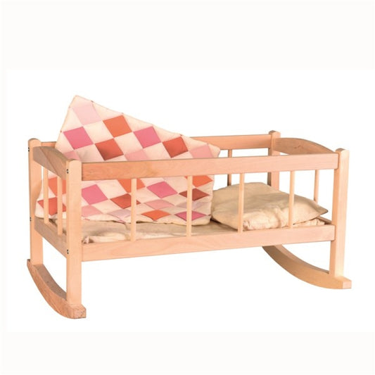 Wooden Cradle with Patchwork Blanket