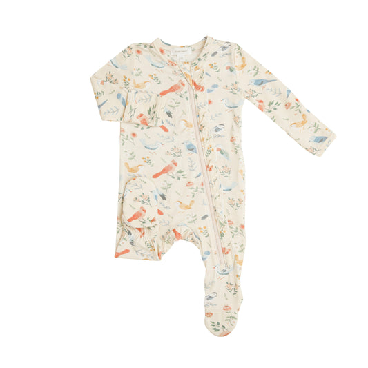 Bamboo Pretty Birds Cream Cream Ruffle Zip Babygrow by Angel Dear