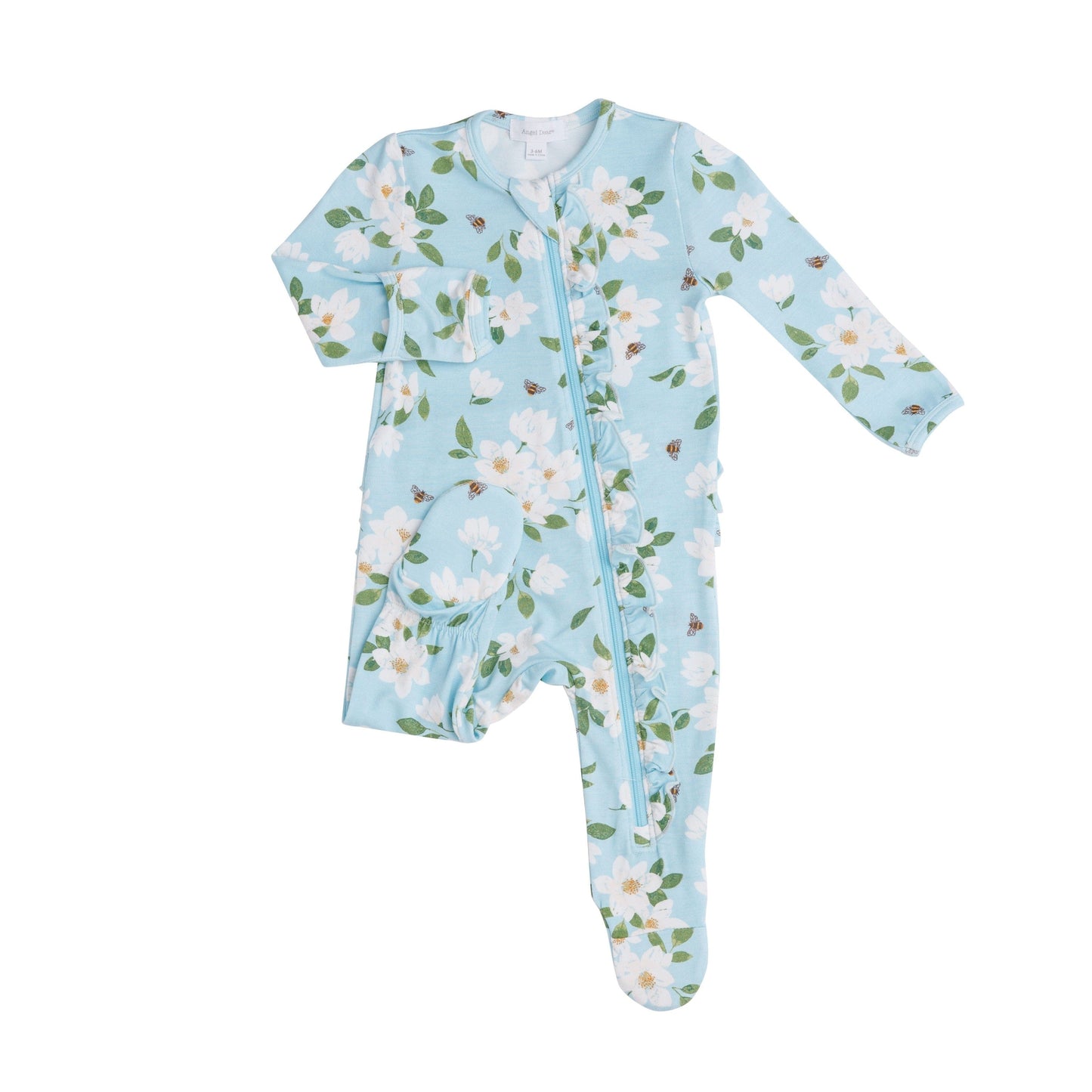 128S1MAB4 Bamboo Blue Magnolia Ruffle Zip Babygrow by Angel Dear