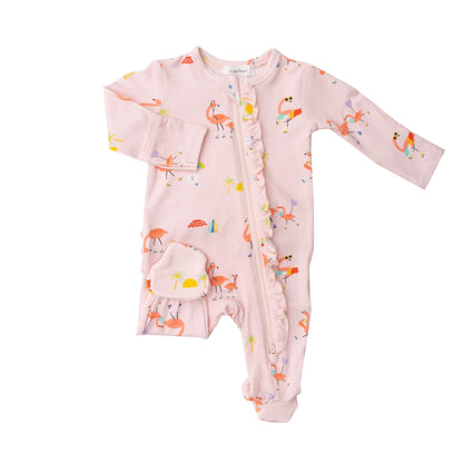 128S2BOF4 Bamboo Flamingos Pink Ruffle Zip Babygrow by Angel Dear