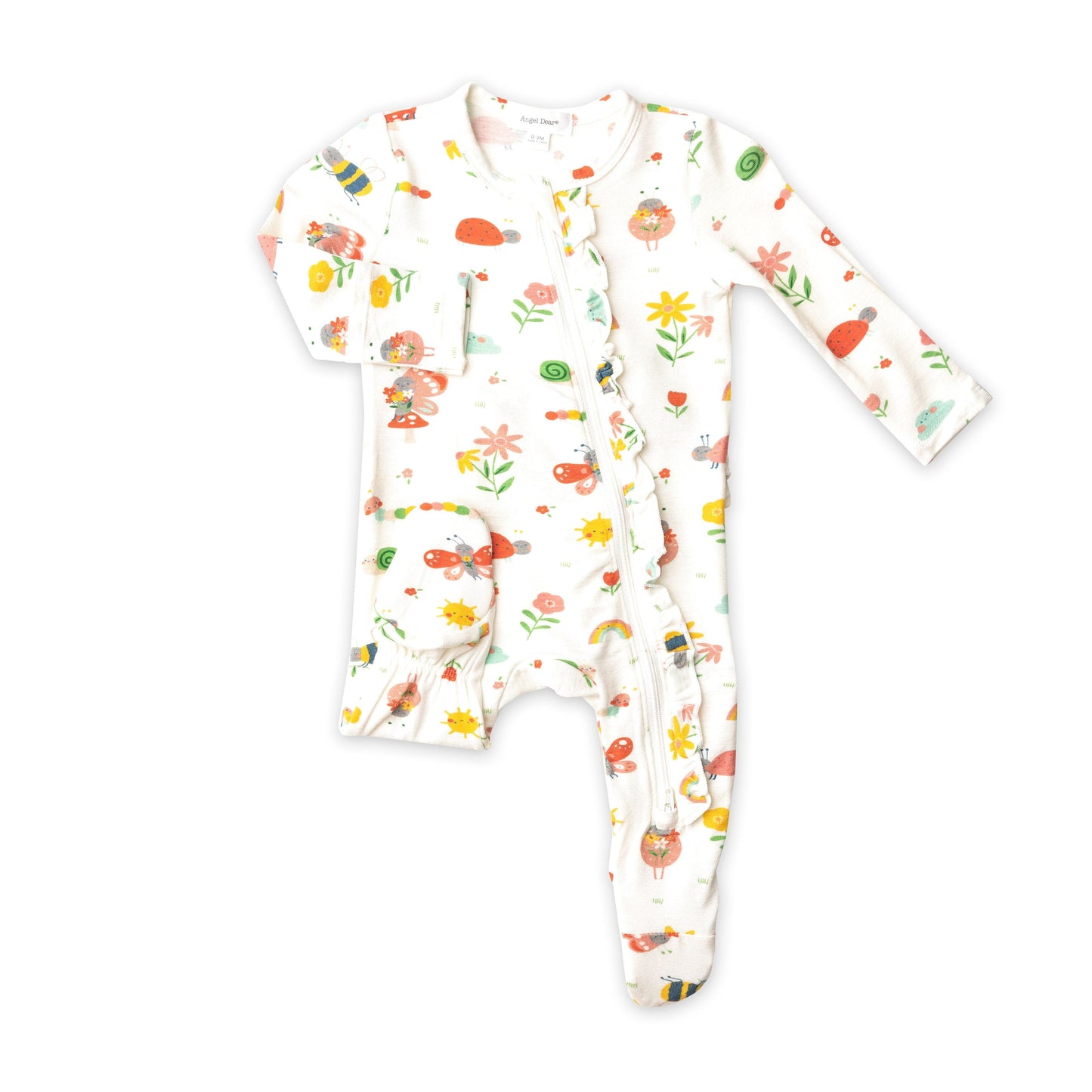 128S2GCG3 Bamboo Garden Creatures Girl White Zip Babygrow by Angel Dear