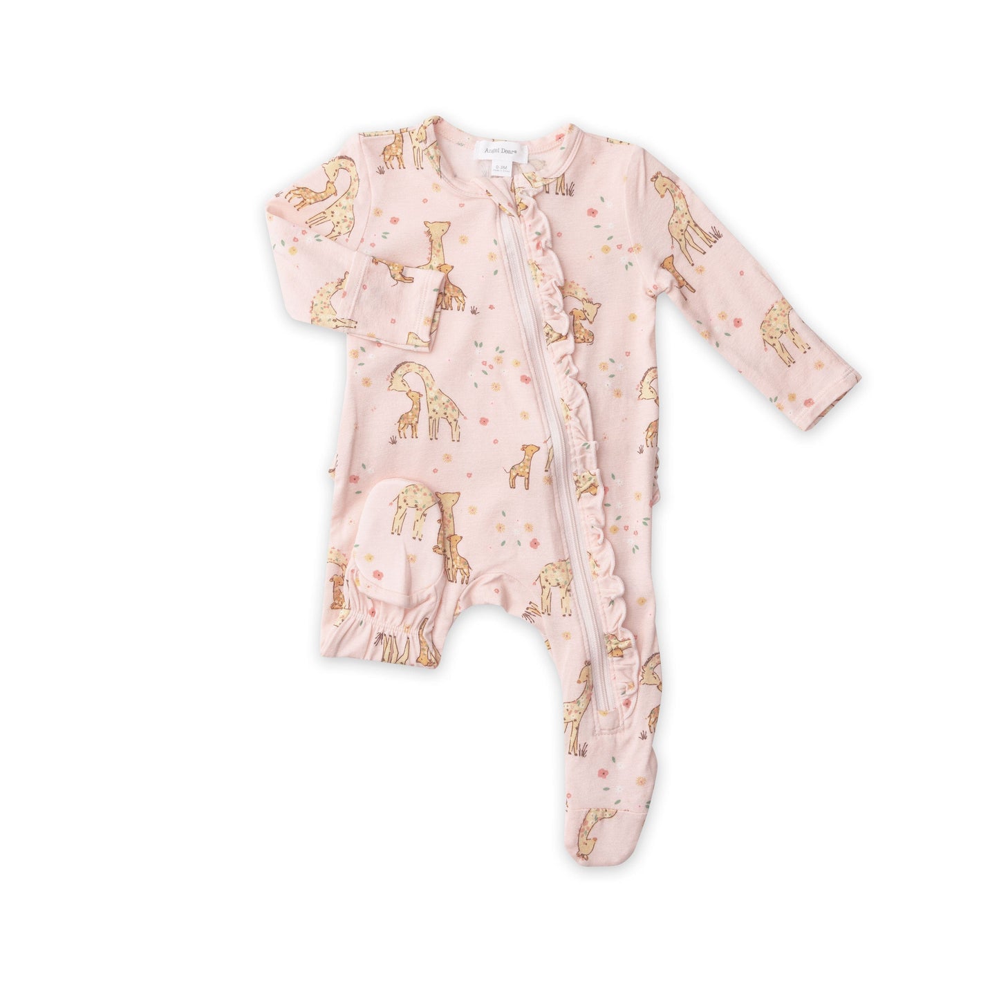 128S2GIF3 Bamboo Giraffes Pink Ruffle Zip Babygrow by Angel Dear