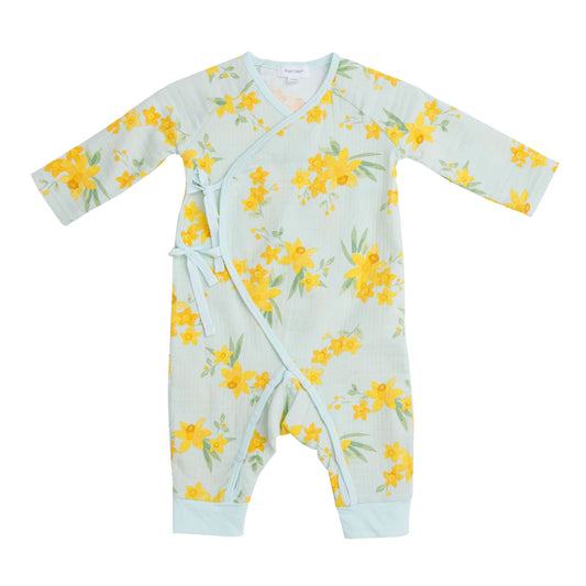 146S1DAF2 Muslin Daffodils Blue Wrap Babygrow by Angel Dear