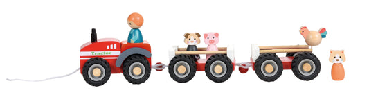 Toy Wooden Tractor with 2 Trailers and Animals