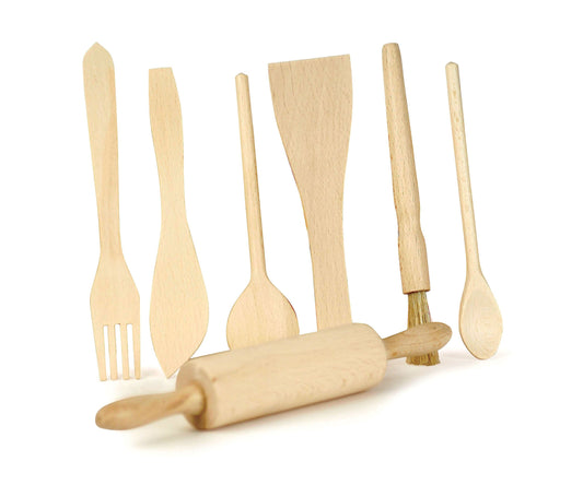 Set of 7 Wooden Toy Kitchen Utensils